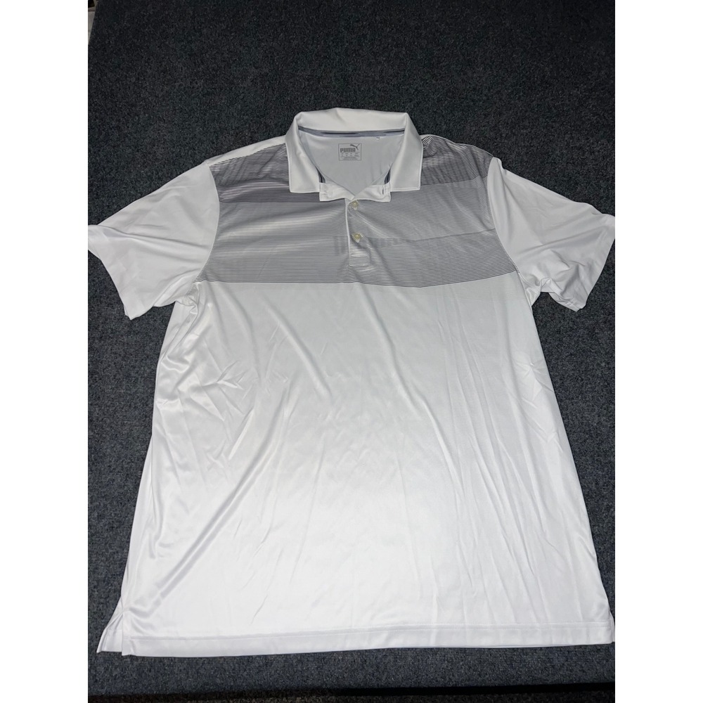 Puma Mens XL White Grey Striped Short Sleeve Performance Golf Polo Shirt